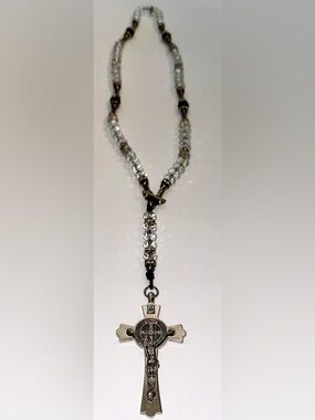 Clear Vintage Crystal Rosary-Style Necklace with Silver Cross Pendant